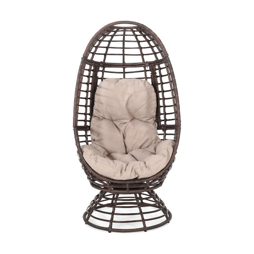 Swivel Outdoor Egg Chair, Brown PE Woven Rattan, Iron, Beige Polyester -BM335118