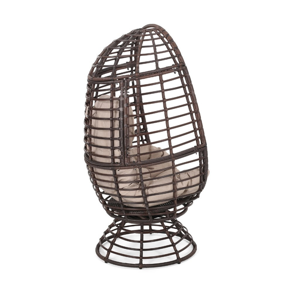 Swivel Outdoor Egg Chair, Brown PE Woven Rattan, Iron, Beige Polyester -BM335118