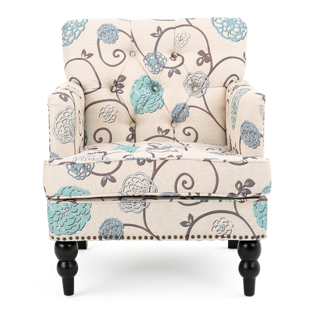 Lit Club Chair, Beige Tufted Floral Upholstery, Nailhead Brown Wood -BM335119