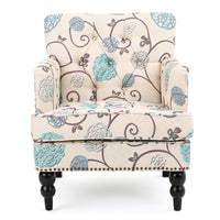 Lit Club Chair, Beige Tufted Floral Upholstery, Nailhead Brown Wood -BM335119