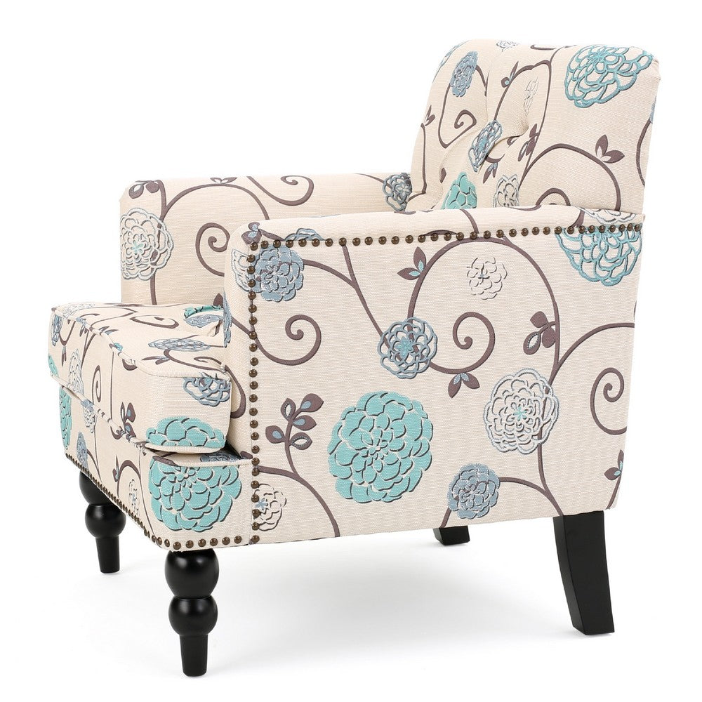 Lit Club Chair, Beige Tufted Floral Upholstery, Nailhead Brown Wood -BM335119
