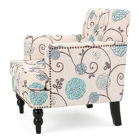 Lit Club Chair, Beige Tufted Floral Upholstery, Nailhead Brown Wood -BM335119