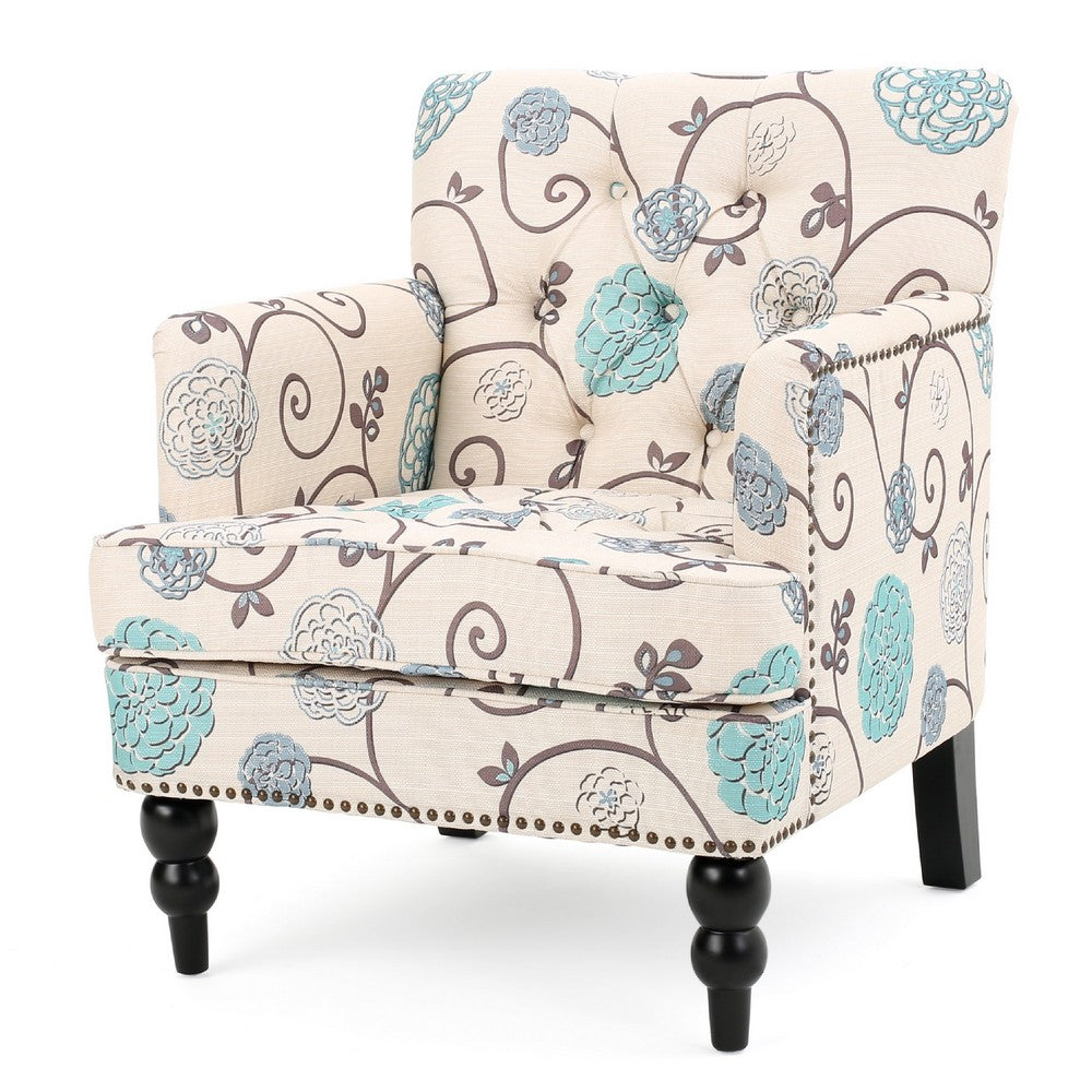 Lit Club Chair, Beige Tufted Floral Upholstery, Nailhead Brown Wood -BM335119