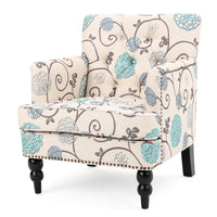 Lit Club Chair, Beige Tufted Floral Upholstery, Nailhead Brown Wood -BM335119