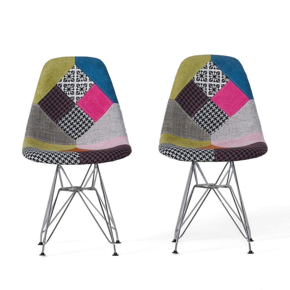 Accent Chair Set of 2, Multicolor Pink Patchwork w Eiffel Metal Base -BM335137