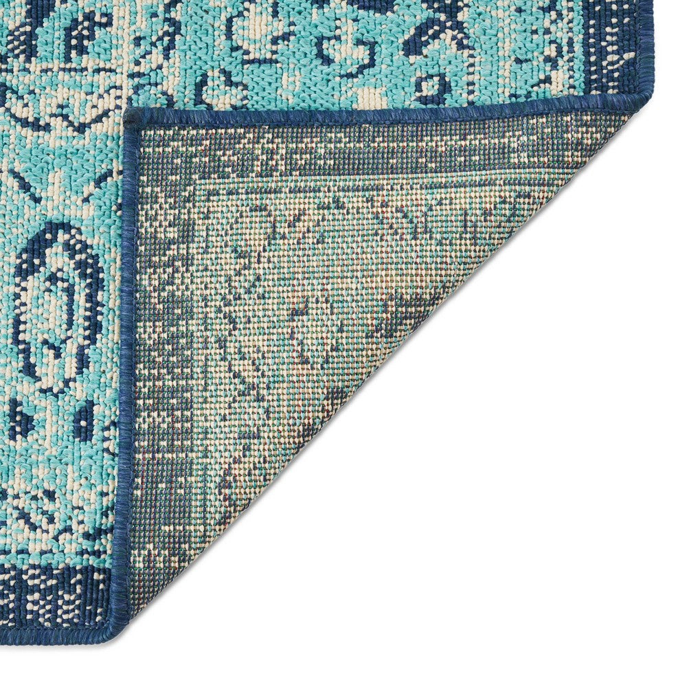 5 x 7 Outdoor Small Area Rug, Handcrafted Floral Details, Blue Ivory -BM335146