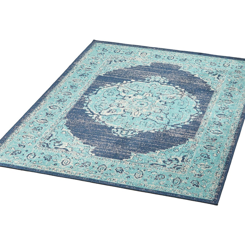 5 x 7 Outdoor Small Area Rug, Handcrafted Floral Details, Blue Ivory -BM335146