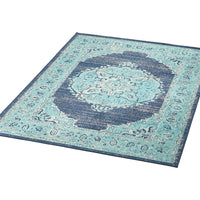 5 x 7 Outdoor Small Area Rug, Handcrafted Floral Details, Blue Ivory -BM335146