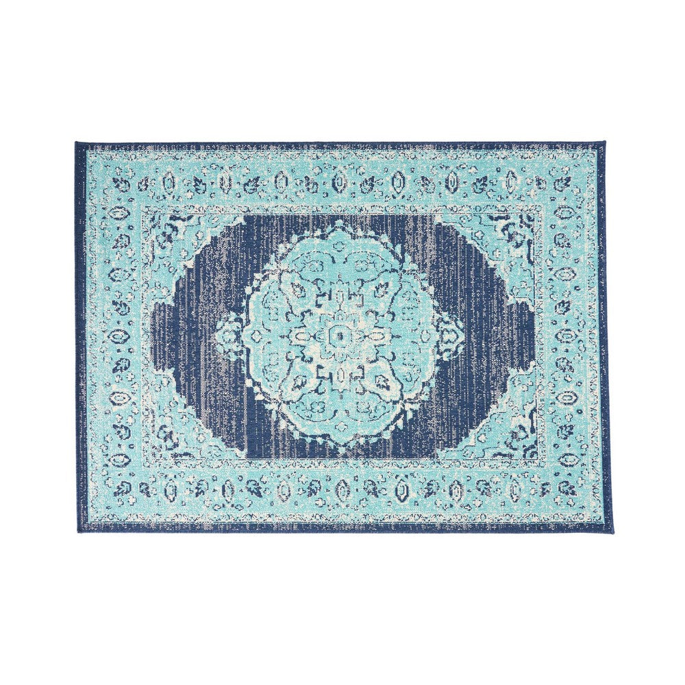 5 x 7 Outdoor Small Area Rug, Handcrafted Floral Details, Blue Ivory -BM335146