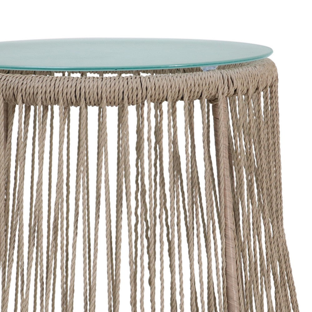 Penny Outdoor Side End Table, 19 Inch Glass Top, Brown Rope Woven Base -BM335154