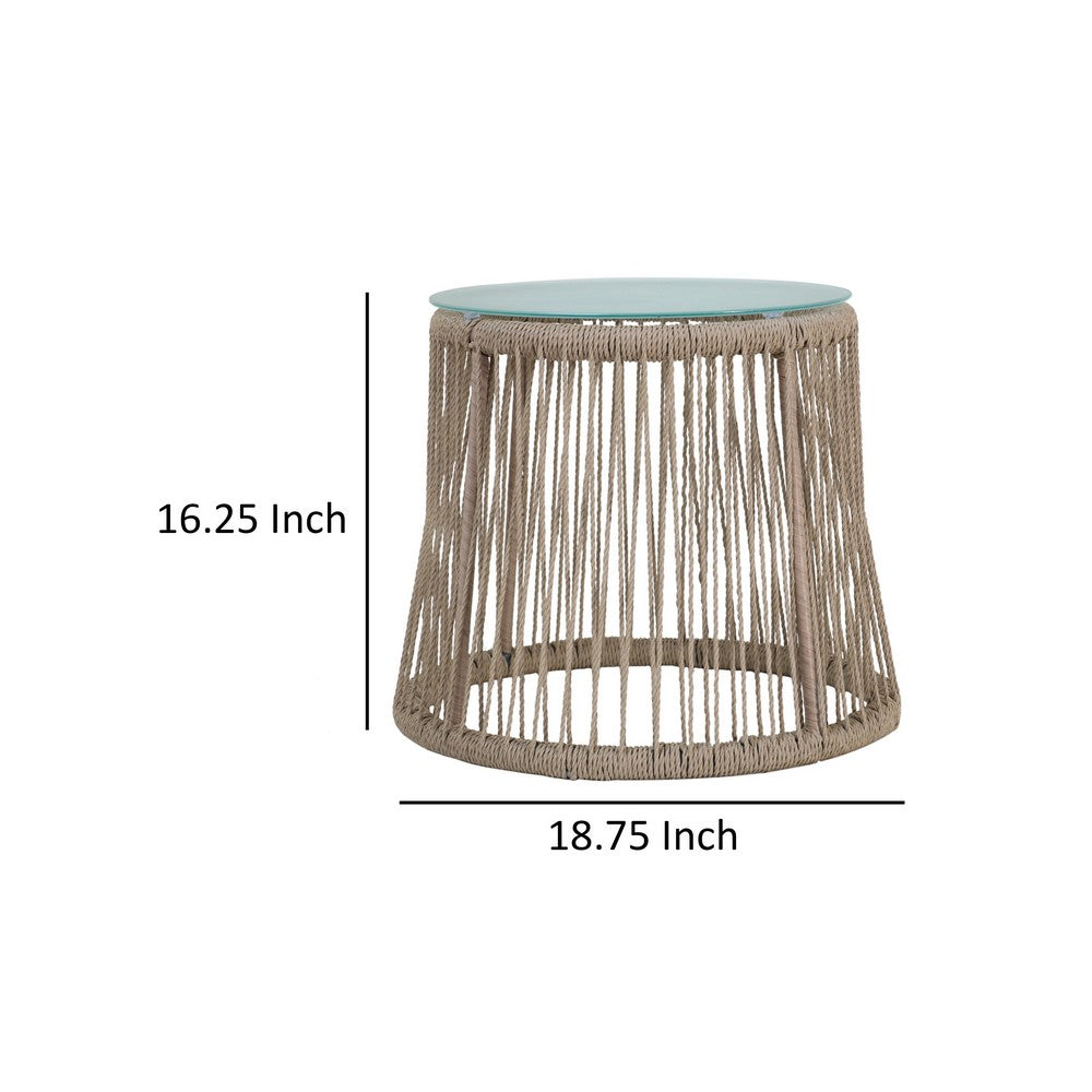 Penny Outdoor Side End Table, 19 Inch Glass Top, Brown Rope Woven Base -BM335154