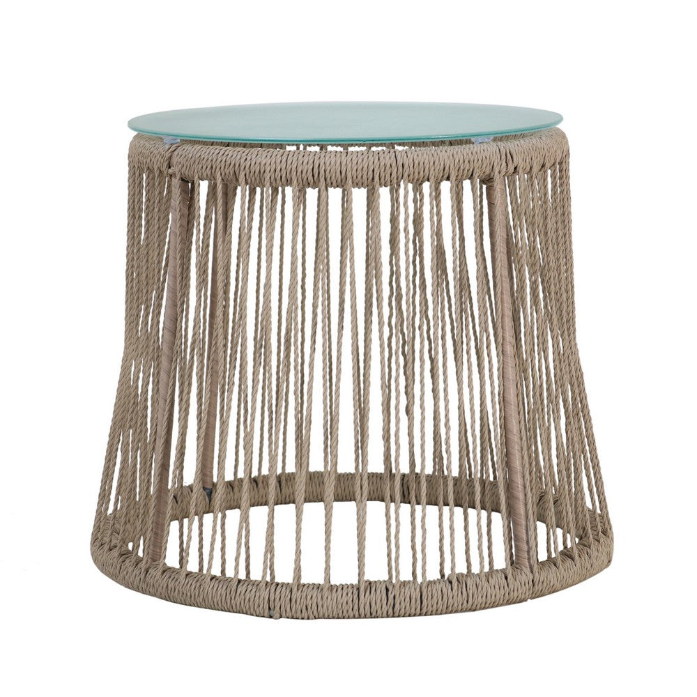 Penny Outdoor Side End Table, 19 Inch Glass Top, Brown Rope Woven Base -BM335154