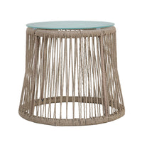 Penny Outdoor Side End Table, 19 Inch Glass Top, Brown Rope Woven Base -BM335154