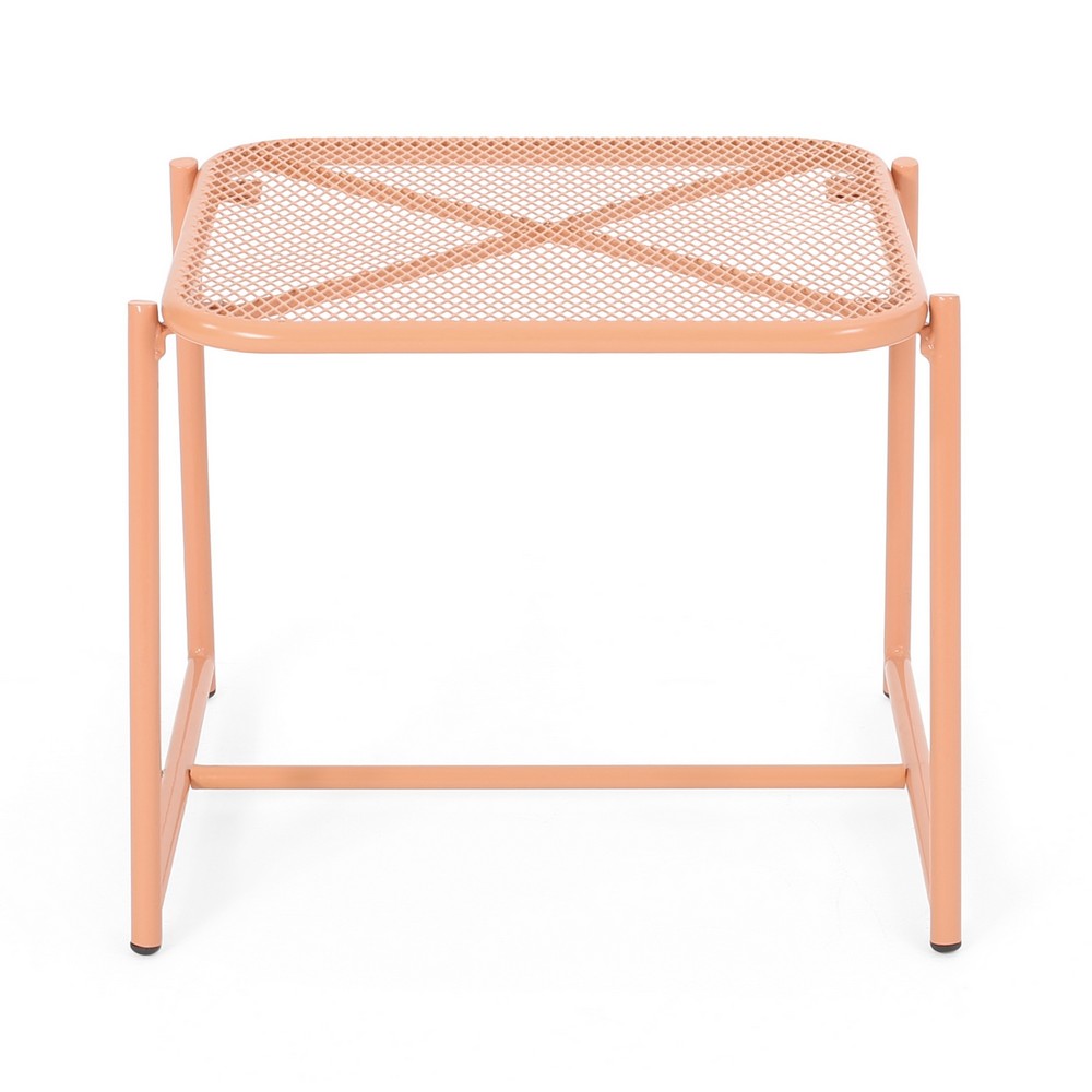 Elie Outdoor Side End Table, 20 Inch Mesh Top, Orange Metal Sled Base -BM335163