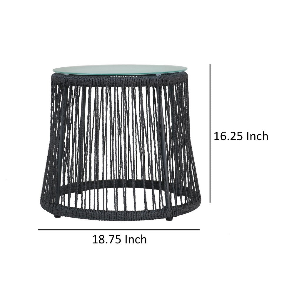 Penny Outdoor Side End Table, 19 Inch Glass Top, Black Rope Woven Base -BM335164