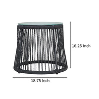 Penny Outdoor Side End Table, 19 Inch Glass Top, Black Rope Woven Base -BM335164