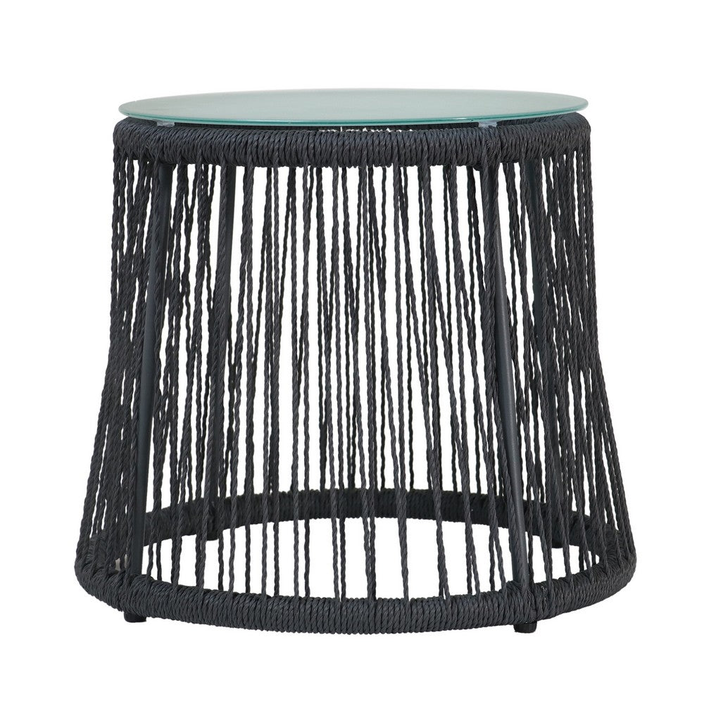 Penny Outdoor Side End Table, 19 Inch Glass Top, Black Rope Woven Base -BM335164