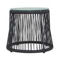 Penny Outdoor Side End Table, 19 Inch Glass Top, Black Rope Woven Base -BM335164