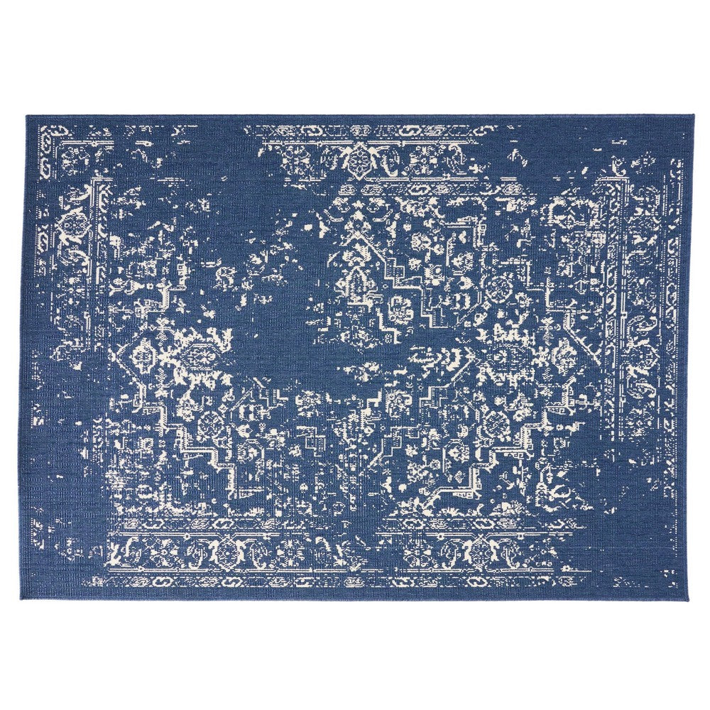 5 x 7 Outdoor Small Area Rug, Blue and Ivory Handcrafted Pattern -BM335167