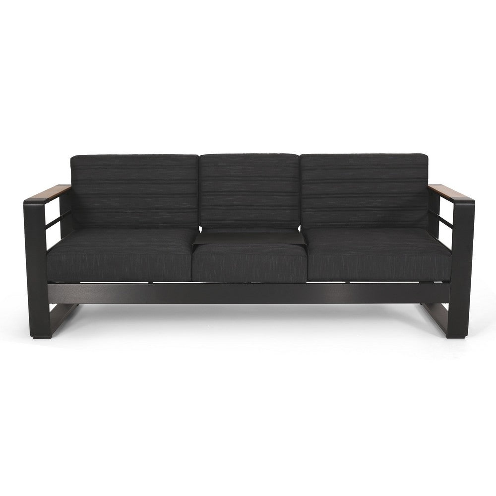 Vinia 3 Seater Outdoor Sofa, Plush Cushions, 77 Inch Black Aluminum -BM335175