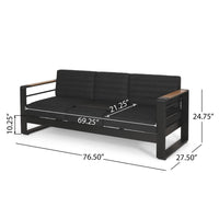 Vinia 3 Seater Outdoor Sofa, Plush Cushions, 77 Inch Black Aluminum -BM335175