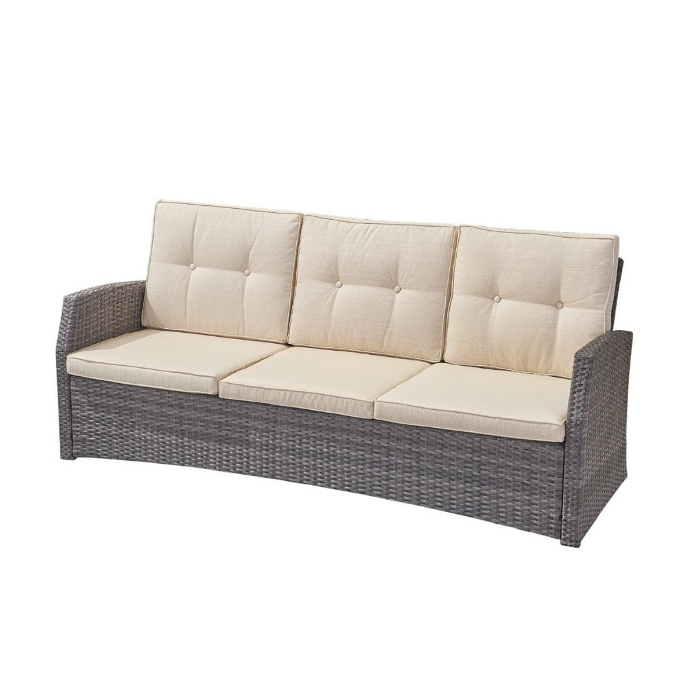 Foi 3 Seater Outdoor Sofa, Beige Cushions, 75 Inch Gray Woven Frame -BM335176