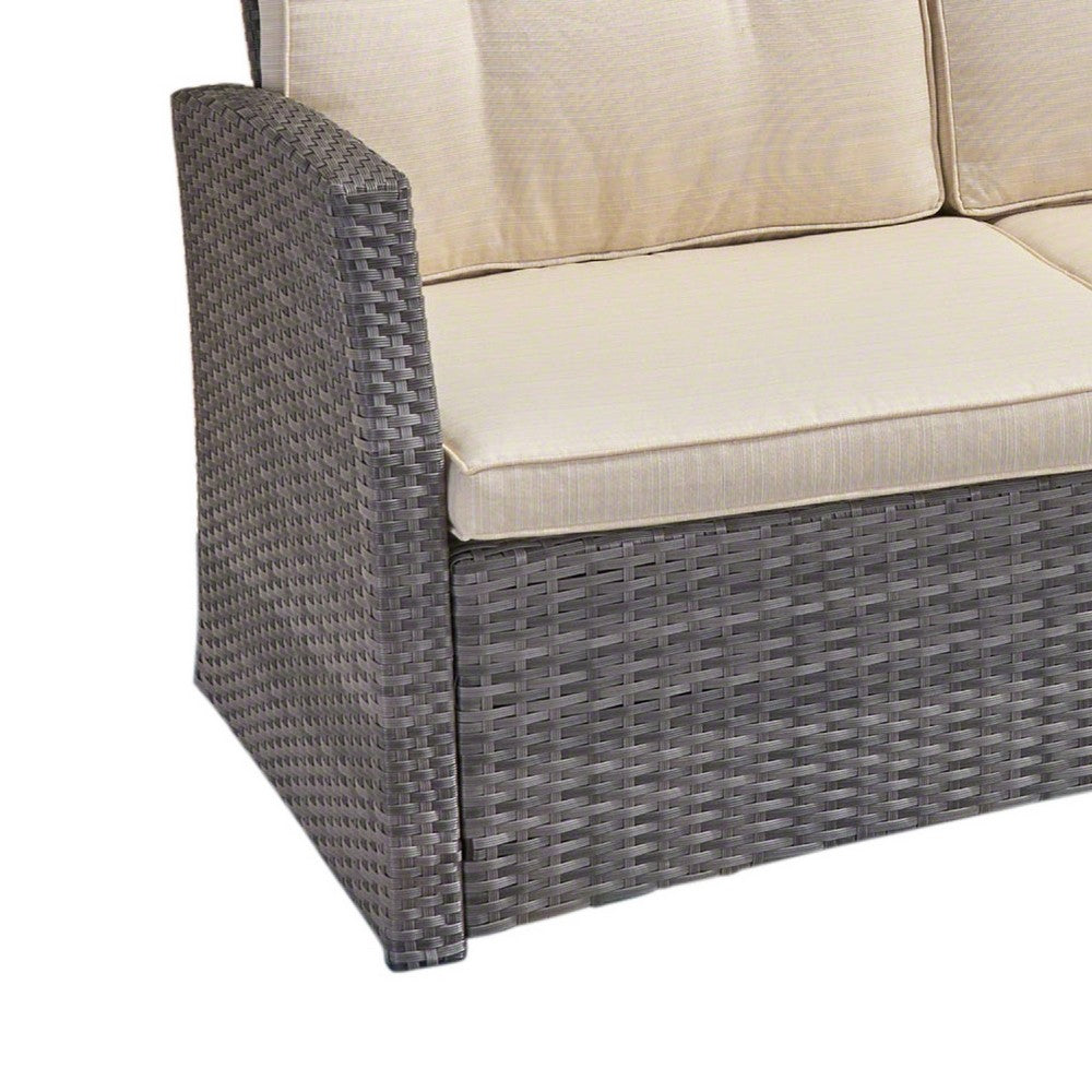 Foi 3 Seater Outdoor Sofa, Beige Cushions, 75 Inch Gray Woven Frame -BM335176