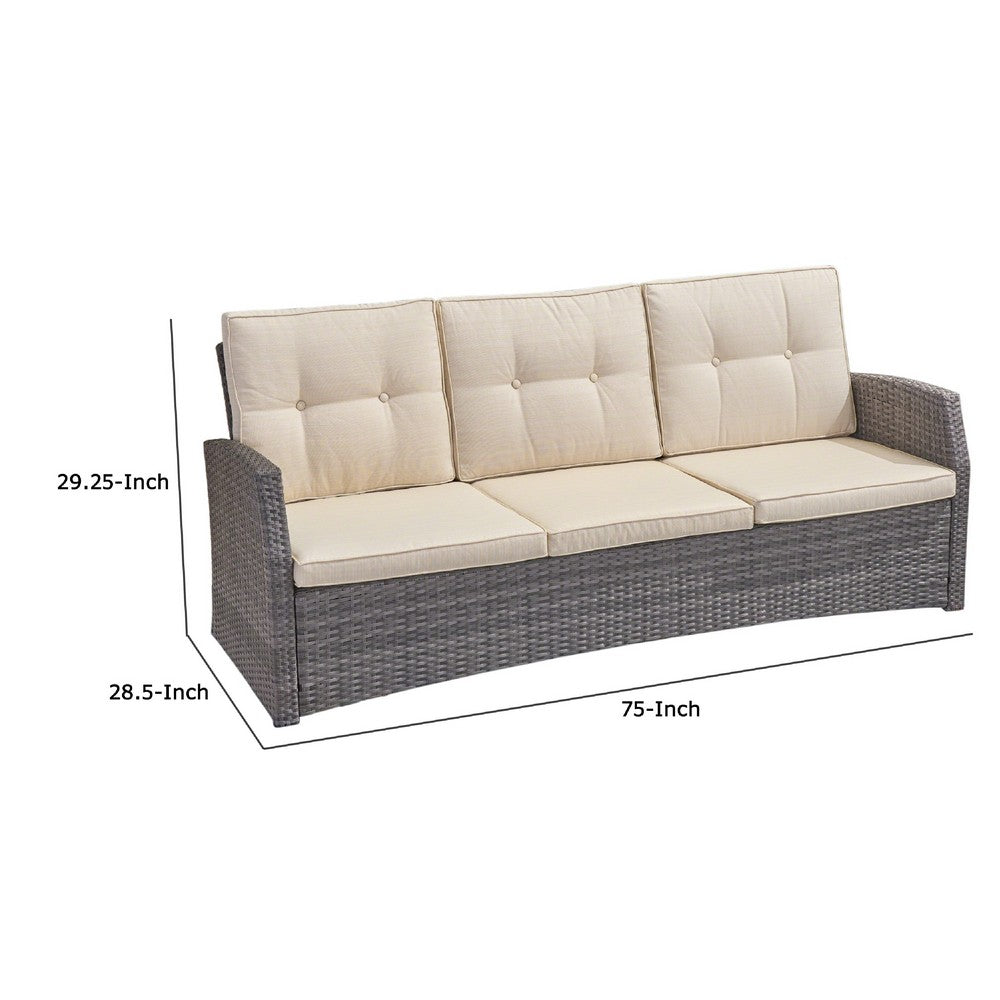 Foi 3 Seater Outdoor Sofa, Beige Cushions, 75 Inch Gray Woven Frame -BM335176