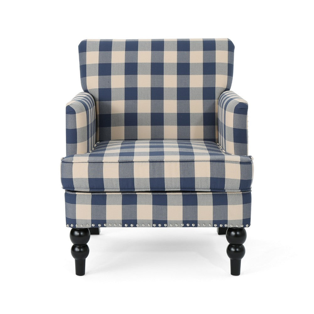 Lit Club Accent Chair with Turned Legs, Blue Black and Cream Fabric -BM335188