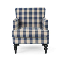 Lit Club Accent Chair with Turned Legs, Blue Black and Cream Fabric -BM335188