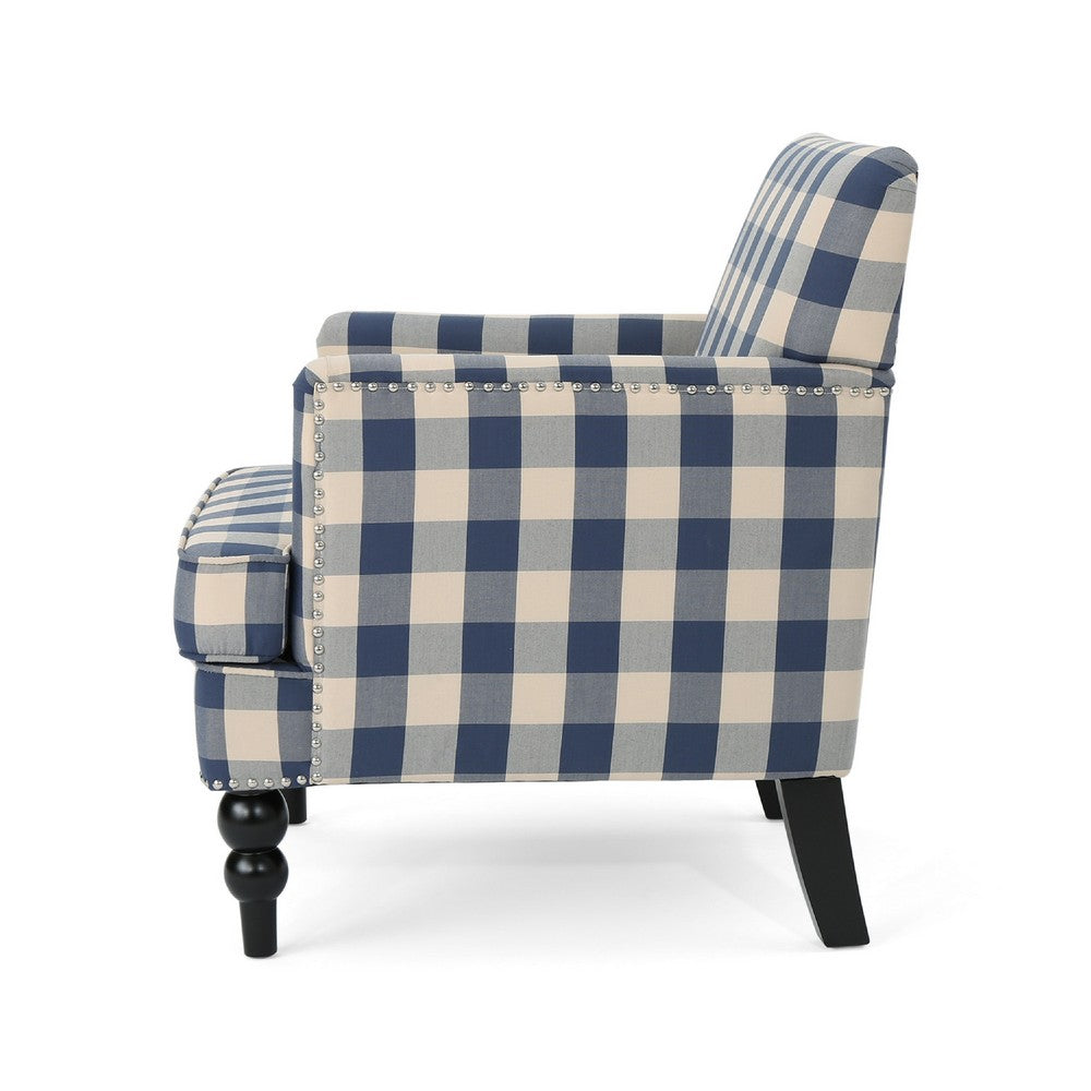 Lit Club Accent Chair with Turned Legs, Blue Black and Cream Fabric -BM335188