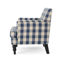 Lit Club Accent Chair with Turned Legs, Blue Black and Cream Fabric -BM335188