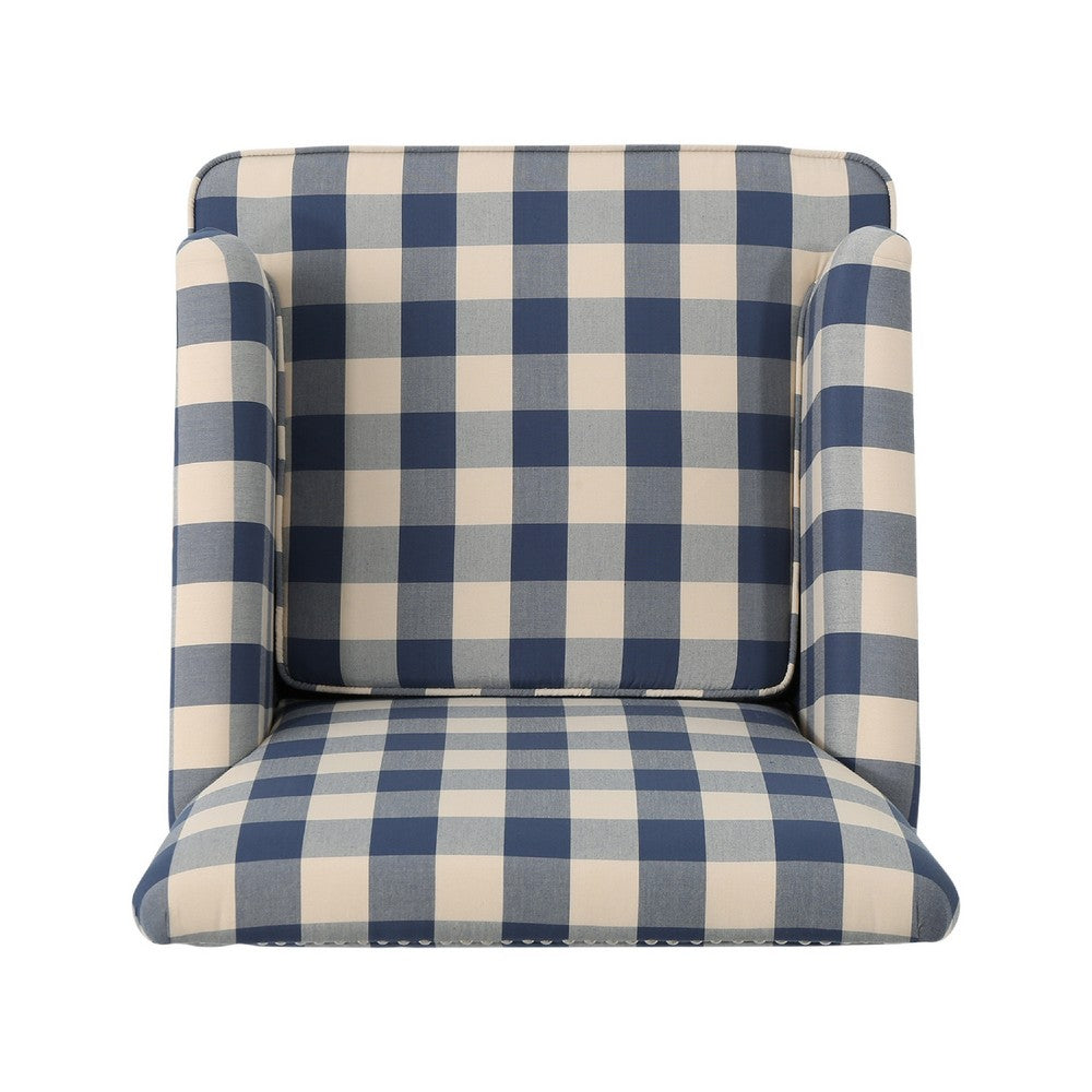 Lit Club Accent Chair with Turned Legs, Blue Black and Cream Fabric -BM335188