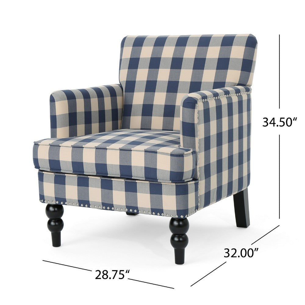 Lit Club Accent Chair with Turned Legs, Blue Black and Cream Fabric -BM335188