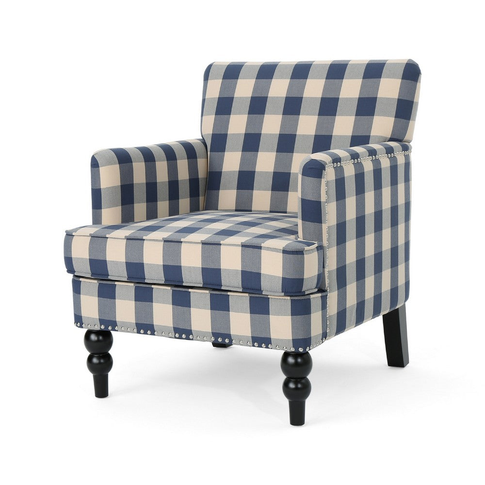 Lit Club Accent Chair with Turned Legs, Blue Black and Cream Fabric -BM335188