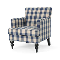 Lit Club Accent Chair with Turned Legs, Blue Black and Cream Fabric -BM335188