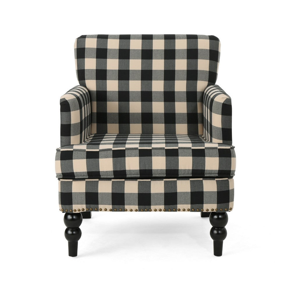 Lit Club Accent Chair with Turned Wood Legs, Black and Cream Plaid -BM335200