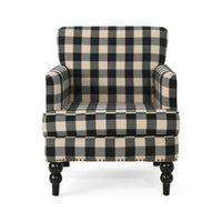 Lit Club Accent Chair with Turned Wood Legs, Black and Cream Plaid -BM335200