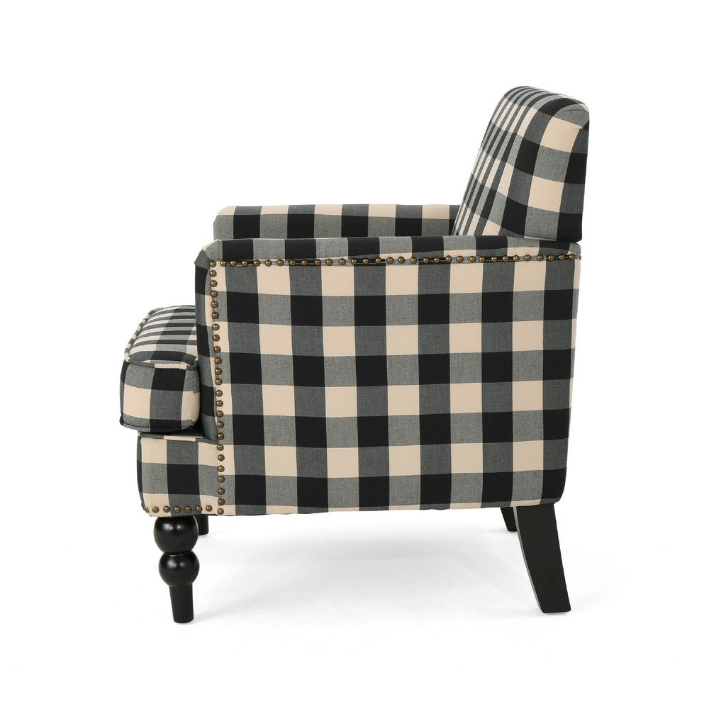 Lit Club Accent Chair with Turned Wood Legs, Black and Cream Plaid -BM335200