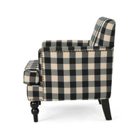 Lit Club Accent Chair with Turned Wood Legs, Black and Cream Plaid -BM335200