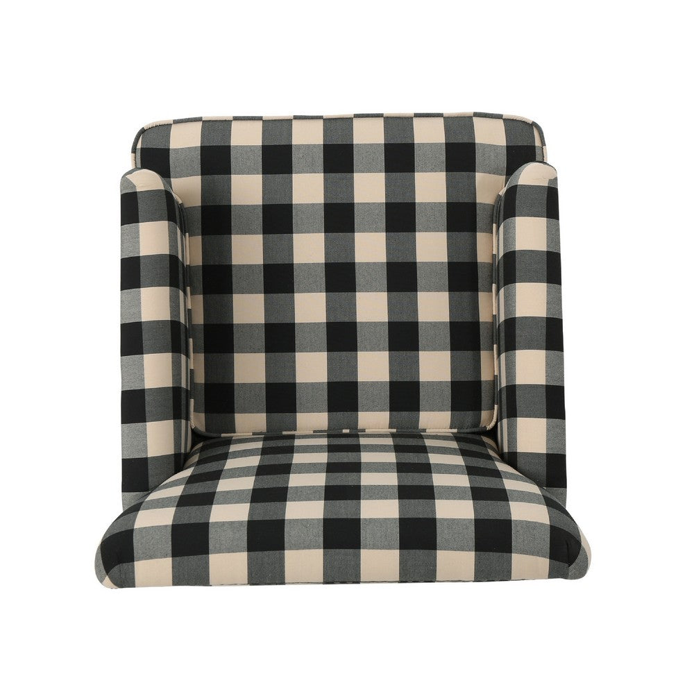 Lit Club Accent Chair with Turned Wood Legs, Black and Cream Plaid -BM335200