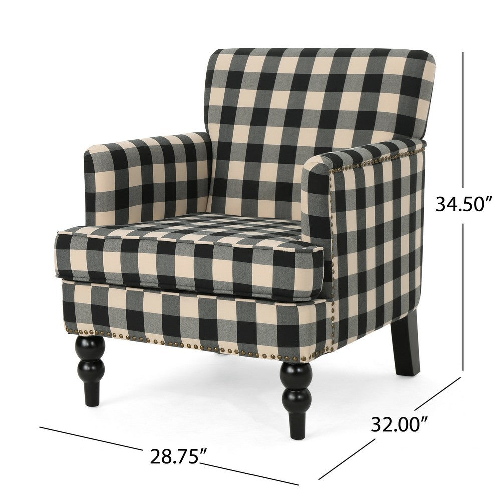 Lit Club Accent Chair with Turned Wood Legs, Black and Cream Plaid -BM335200