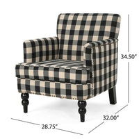 Lit Club Accent Chair with Turned Wood Legs, Black and Cream Plaid -BM335200