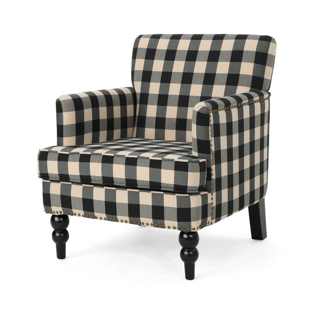 Lit Club Accent Chair with Turned Wood Legs, Black and Cream Plaid -BM335200