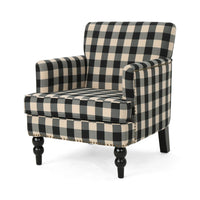 Lit Club Accent Chair with Turned Wood Legs, Black and Cream Plaid -BM335200