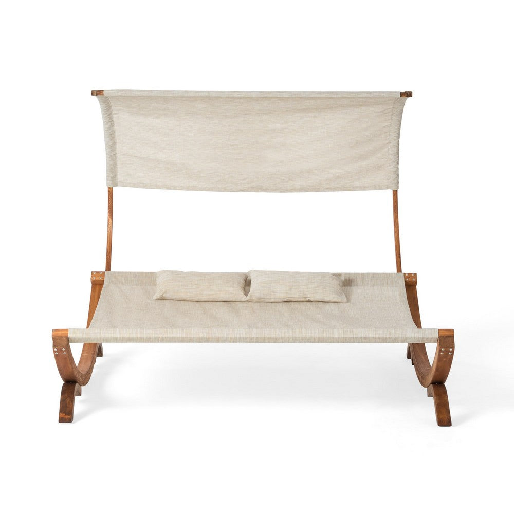 Akki Modern Sunbed with Removable Canopy, Teak Wood and Beige Fabric -BM335207