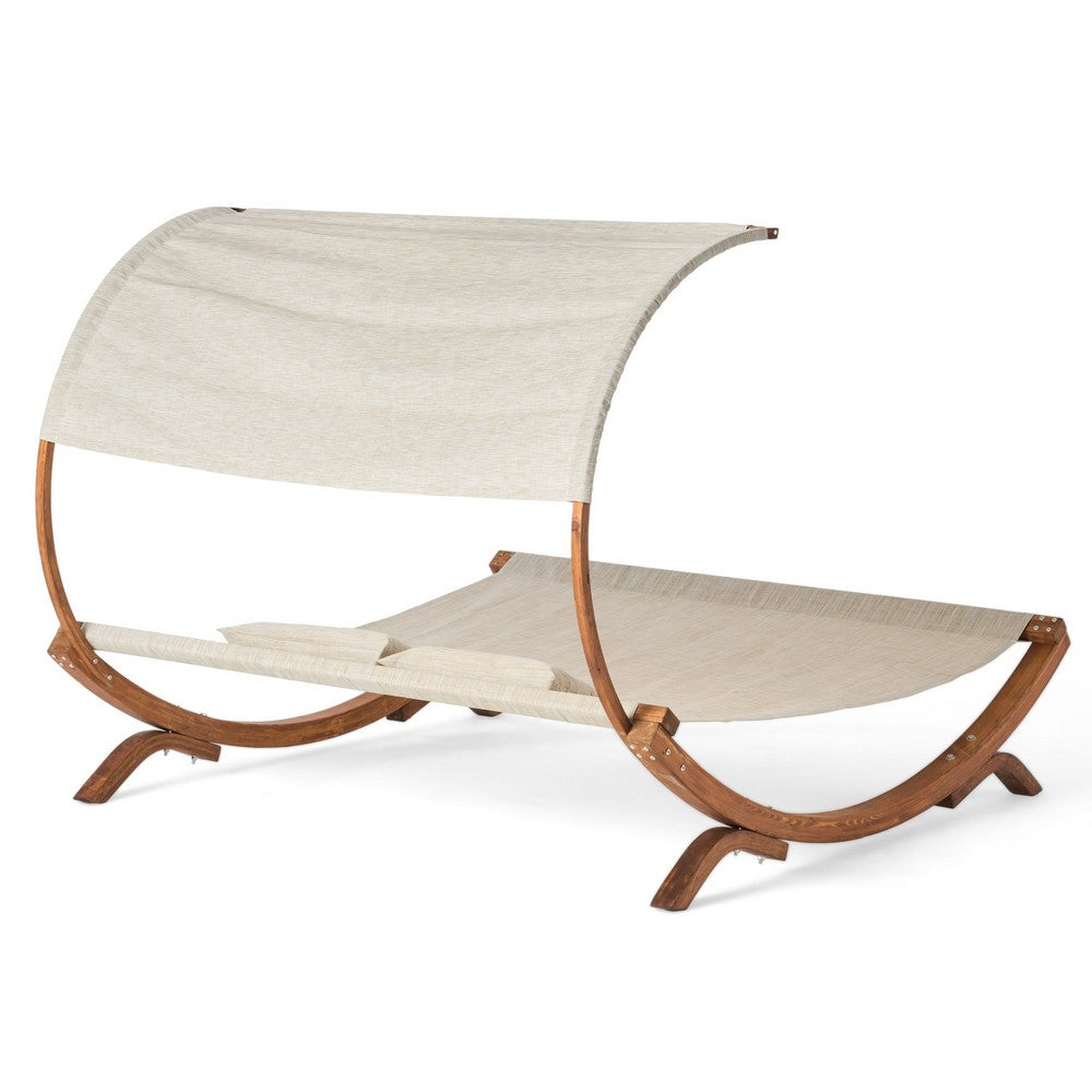 Akki Modern Sunbed with Removable Canopy, Teak Wood and Beige Fabric -BM335207