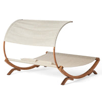 Akki Modern Sunbed with Removable Canopy, Teak Wood and Beige Fabric -BM335207