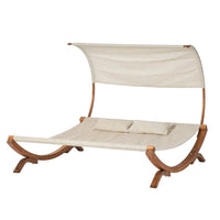 Akki Modern Sunbed with Removable Canopy, Teak Wood and Beige Fabric -BM335207