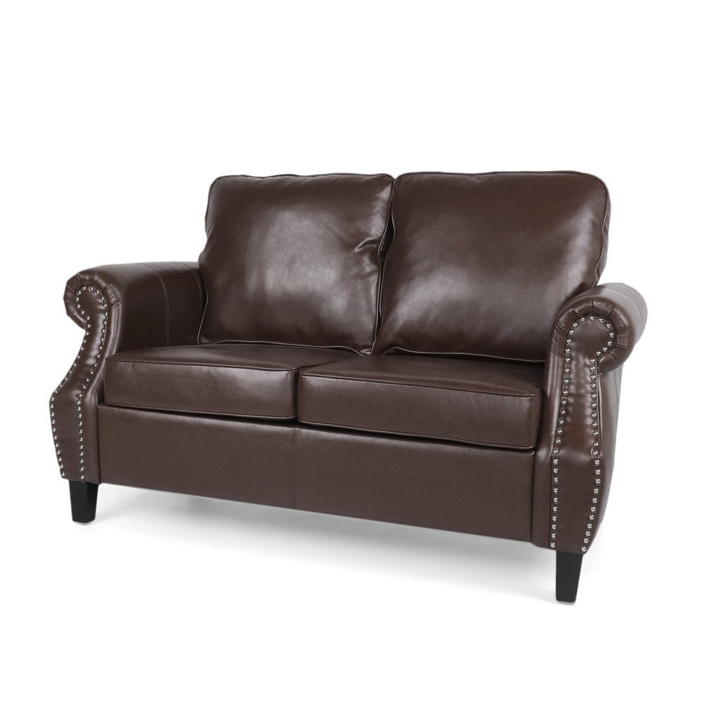 Zika Loveseat, Nailhead Trim Dark Brown Faux Leather, 59 Inch -BM335226